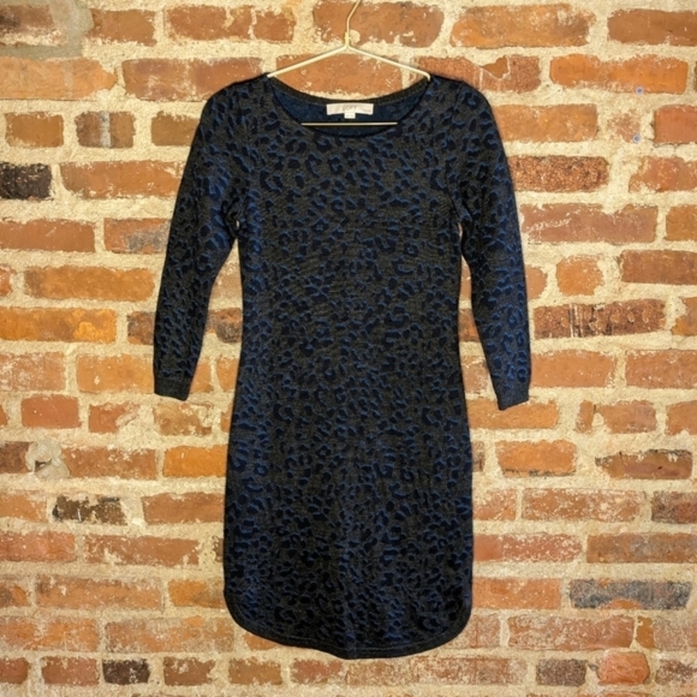 Loft XXSP Gray‎ & Blue Animal Print Fitted Petite Sweater Dress